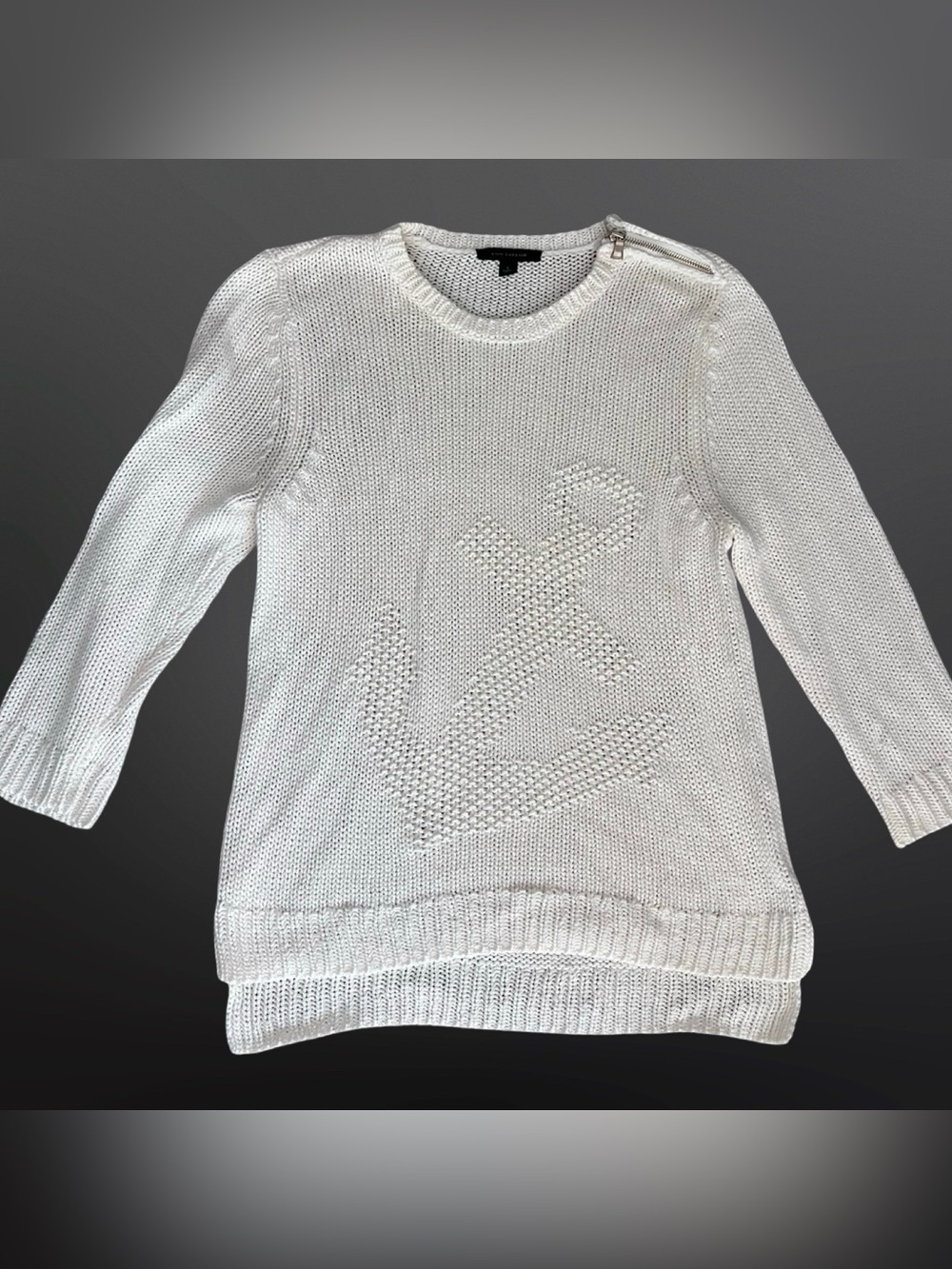 Ann Taylor White Anchor Knit Sweater Size L Nautical Shoulder Zip High Low